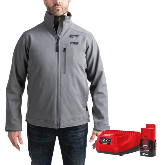 Milwaukee M12 HJ BL5-0 Men's Heated Winter Work Jacket with Battery and Charging Station (Grey)